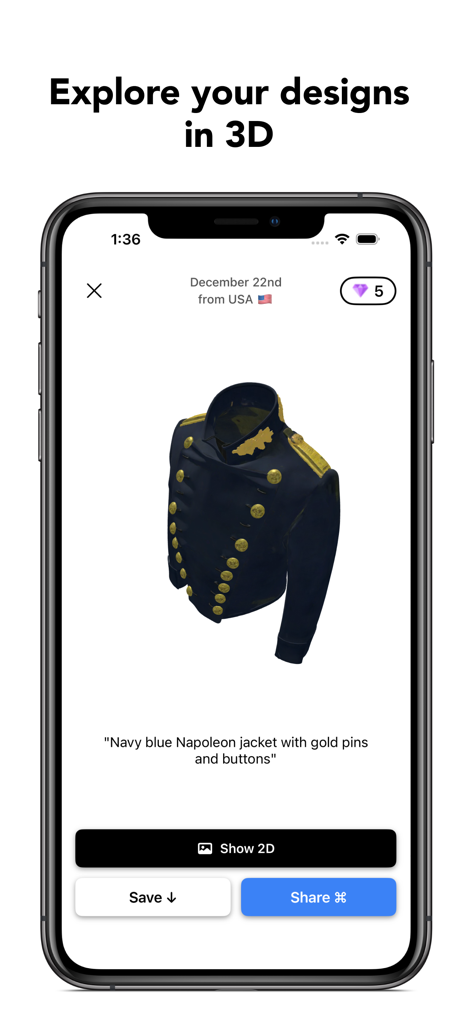 AI Outfit Generator Stylix - A 3D view of an AI generated navy blue Napoleon jacket on the Stylix app interface