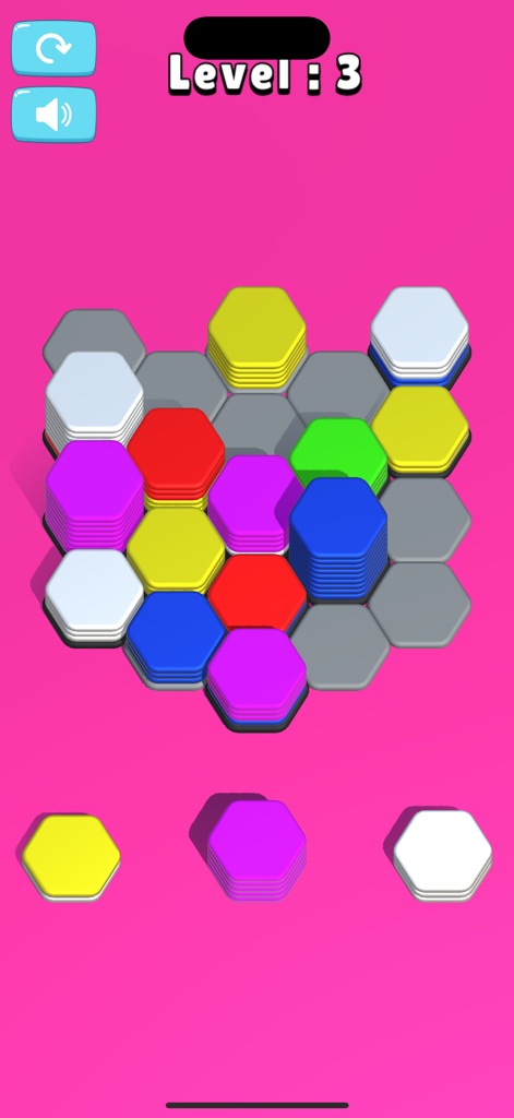 Hexa Sort Game - Hexa Sort Game interface showing colored hexagon tiles being stacked on a pink background.