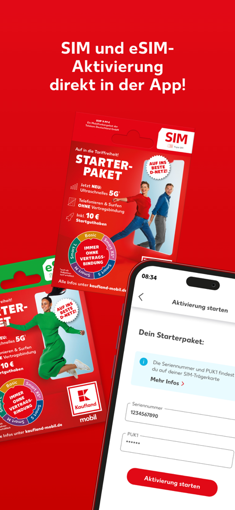 SIM and eSIM activation screen in the Kaufland mobil app