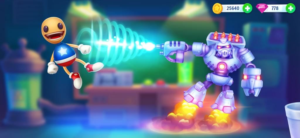 Ein großer Roboter schießt eine blaue Energiespirale auf den Charakter Buddy in einer Laborumgebung