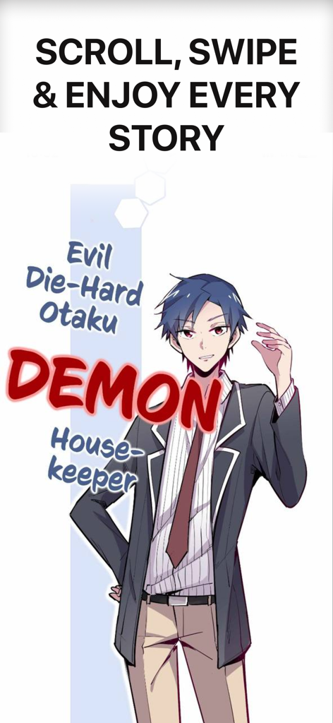 A manga character with text promoting the scroll and swipe features of the Manga Reader Plus app