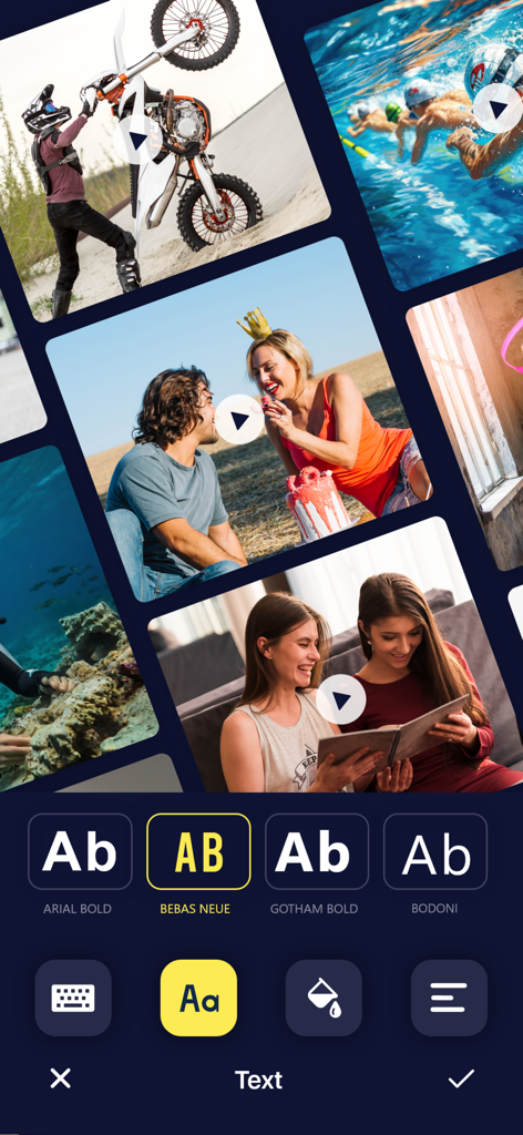 Video Editor & Maker For YT - A mobile video editing interface showing text overlay font options and a gallery of video clips for social media content creation.