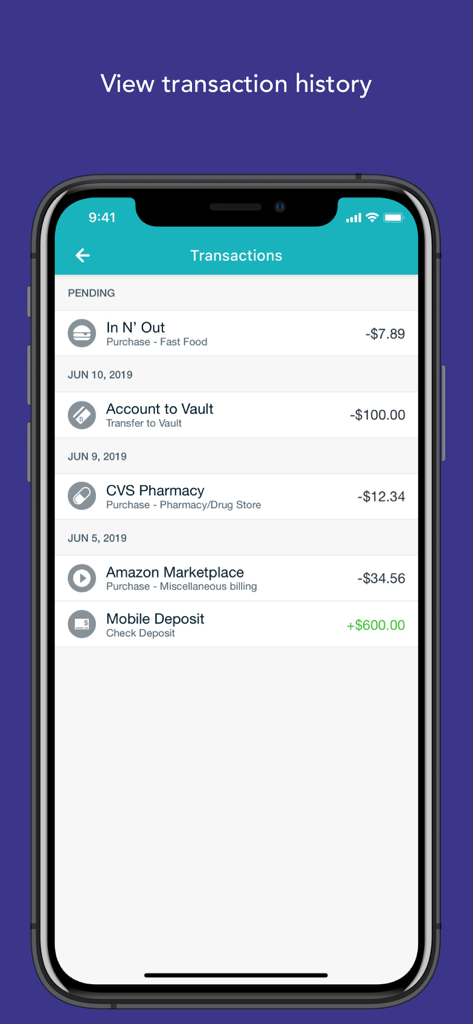Turbo Card - A mobile screen showing the Turbo Card app transaction history including purchases at In N Out and CVS plus a mobile deposit.
