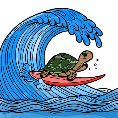 a tortoise surfing on a giant wave