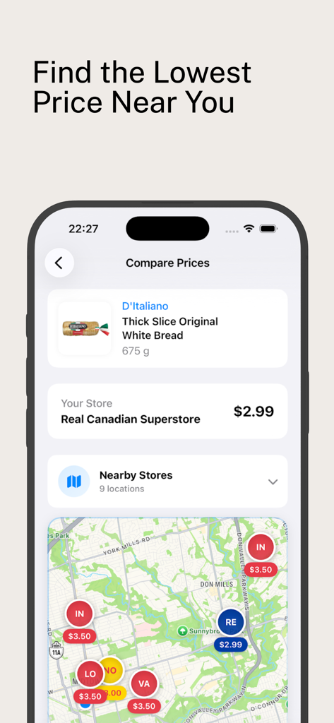 Real Canadian Superstore Deals - 지도에서 다양한 식료품점 브랜드의 흰 빵 가격 비교를 보여주는 모바일 앱 화면.