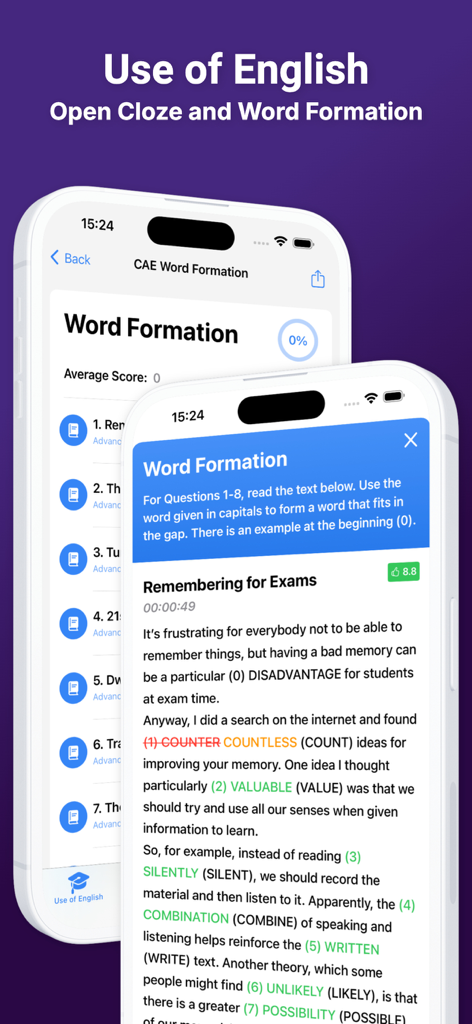 English C1 CAE - Smartphone-Bildschirm, der die Cambridge C1 CAE Wortbildungsübungen mit Korrekturen und Feedback in Echtzeit zeigt.