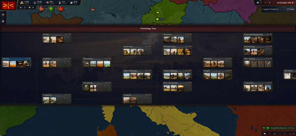 La interfaz del árbol tecnológico en Age of History 3 que muestra la investigación de unidades históricas y nodos de progresión sobre un mapa del mundo.