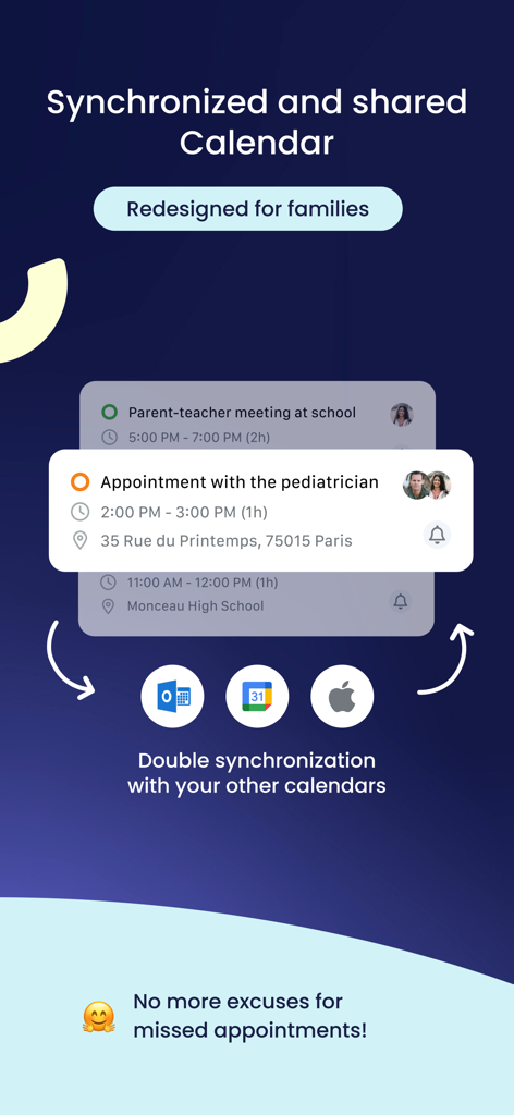 Eine mobile App-Oberfläche, die einen synchronisierten Familienkalender mit Terminbenachrichtigungen und Synchronisierungsoptionen für Outlook-, Google- und Apple-Kalender anzeigt.