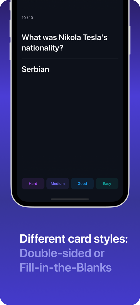 Interfaz de la aplicación Retain mostrando una tarjeta de memoria de doble cara con una pregunta y botones de calificación de dificultad.