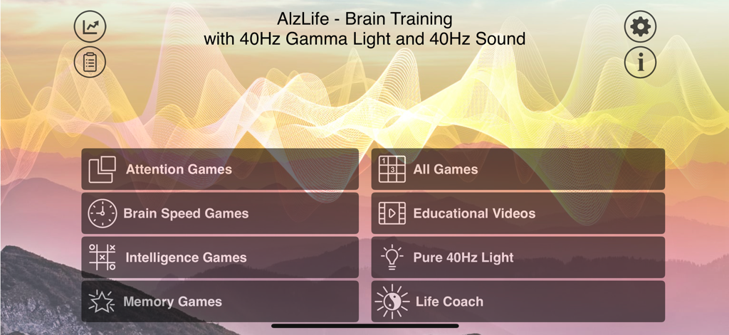 40Hz Brain Trainer - AlzLife - Menú principal de la aplicación AlzLife con juegos cognitivos y terapia de luz de 40Hz