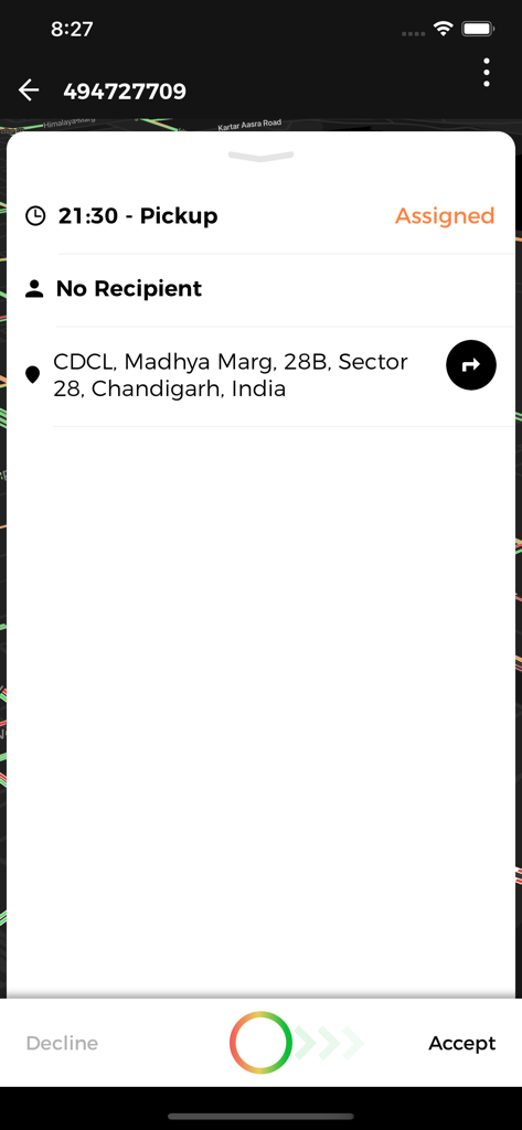 Skedadel Driver app screen displaying a pickup order assignment with location details and acceptance slider.
