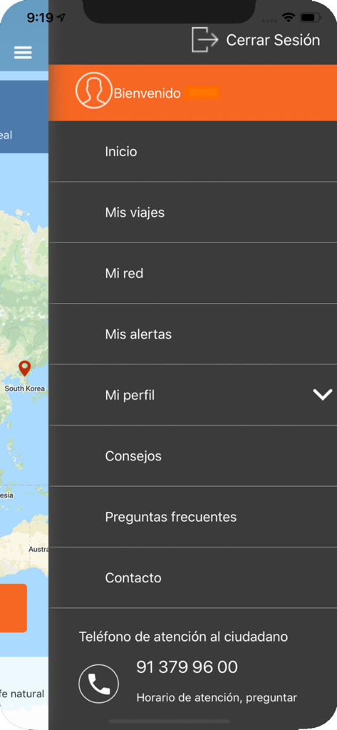 Registro de Viajeros MAUC - Side navigation menu of the Registro de Viajeros MAUC mobile app showing travel and alert options