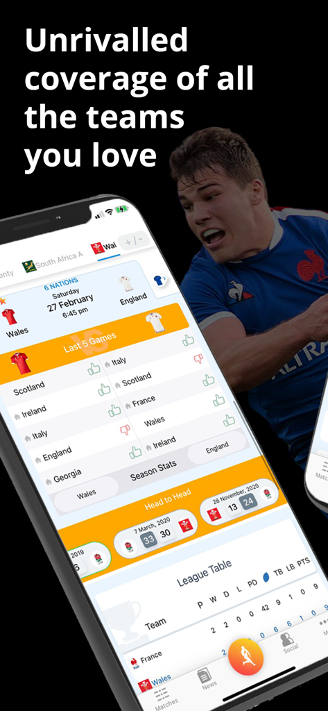Ultimate Rugby - Ultimate Rugby app displaying match coverage and team statistics