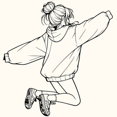 realistic girl jumping with a bun and oversized sweatshirt