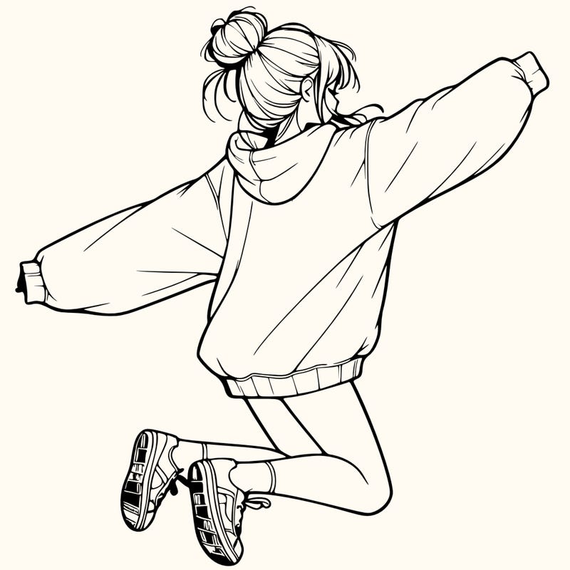 realistic girl jumping with a bun and oversized sweatshirt