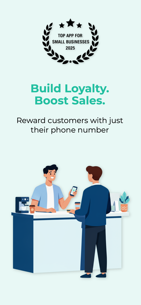 Illustration eines Café-Besitzers, der einen Kunden über die Snap Loyalty App am Schalter mit seiner Telefonnummer belohnt