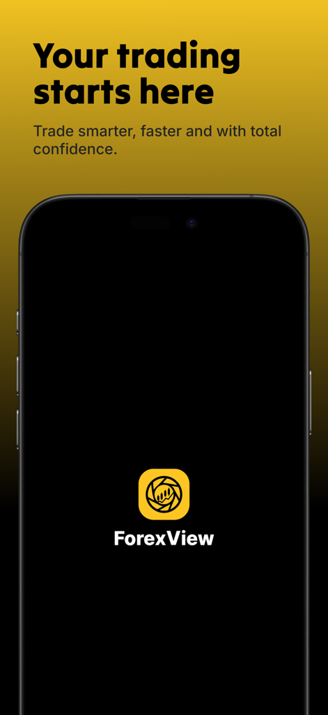 ForexView - Schermata di avvio dell'app ForexView che mostra il logo e il testo Il tuo trading inizia qui