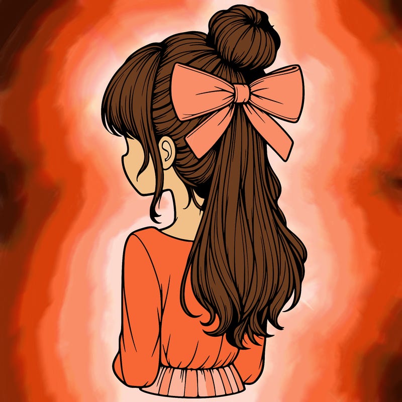 realistic girl  with hip length hair a bun and a big bow on the back of head