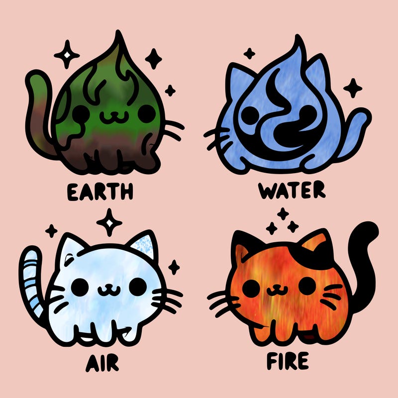 4 cats that represent the different elements, earth, water, air, and fire