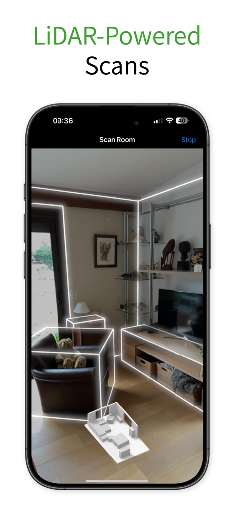 LiDAR Scanner 3D - 5DPlan - Smartphone screen showing a living room being scanned with LiDAR technology to create a 3D floor plan.