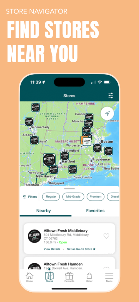 Bee's Knees Benefits - Pantalla del navegador de tiendas de la aplicación Bee s Knees Benefits con mapa de ubicaciones de Alltown Fresh en Nueva Inglaterra