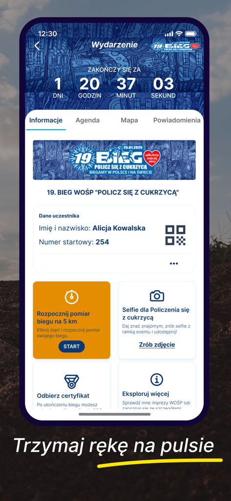 B4SPORT mobile app screenshot displaying a sports event dashboard with a countdown timer, participant QR code, and start measurement button for a 5k run.