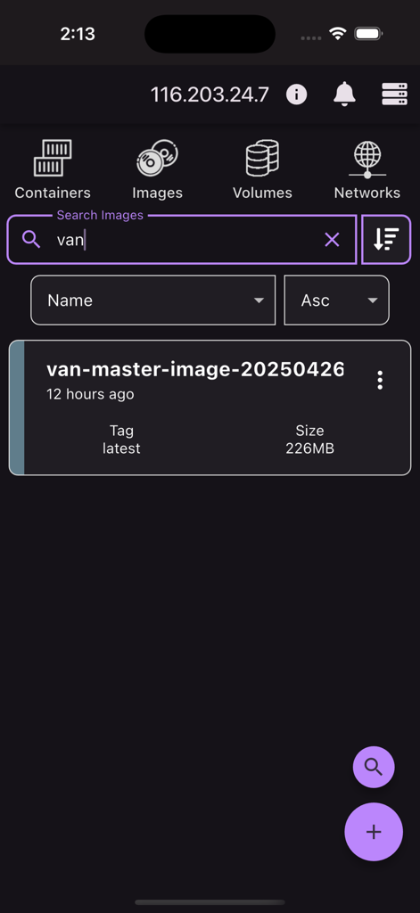 Mobile app interface showing the search results for Docker images including name tag and size details