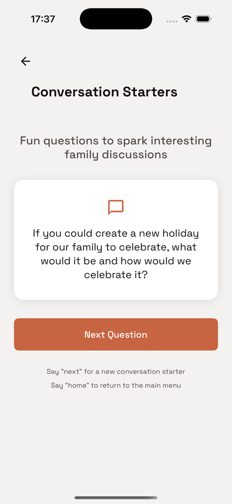 Bee Bee Games app interface showing a conversation starter question for family bonding and voice command instructions.