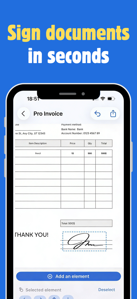 Signature Maker - Easign - A digital signature being placed on an invoice using the Easign app on an iPhone