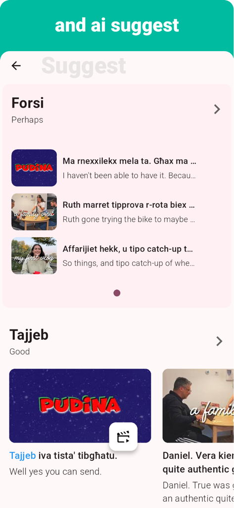 Interfaz de la aplicación de idiomas malteses que muestra sugerencias de vocabulario de IA con lecciones en vídeo para palabras como Forsi y Tajjeb.