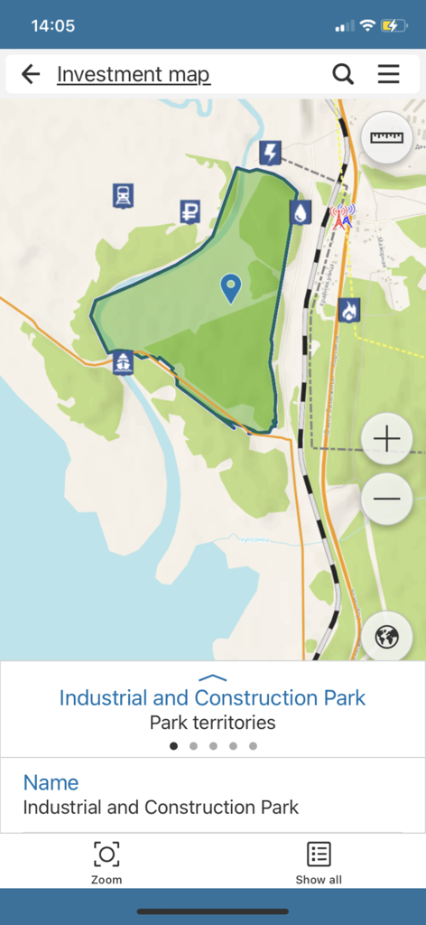 CoGIS Mobile - CoGIS Mobile app interface showing an investment map with a highlighted industrial and construction park polygon and various GIS data icons.