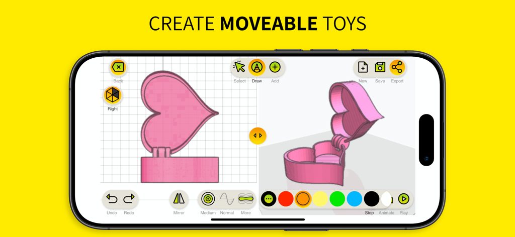 ToyCAD: Easiest 3D Drawing App - 움직이는 하트 모양 상자의 3D 디자인을 보여주는 ToyCAD 앱 인터페이스