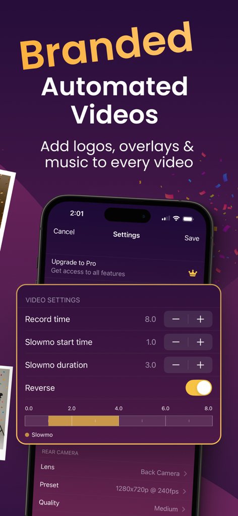 BoothLab App-Bildschirm mit Videoeinstellungen für Zeitlupe und Branding-Optionen