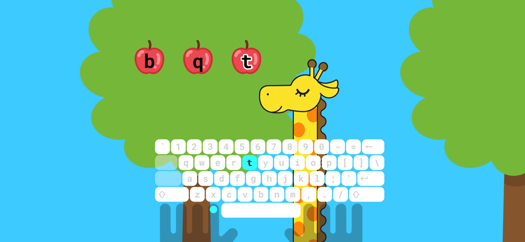 A gamified typing lesson screen featuring a giraffe, trees with lettered apples, and a highlighted keyboard for learning touch typing.