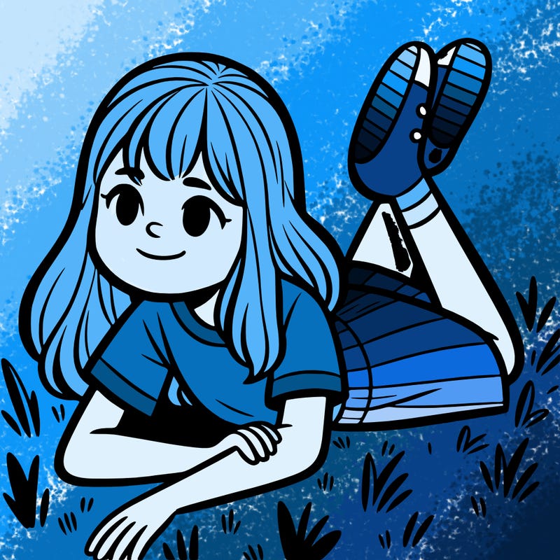 at a girl laying in the grass, her hair is mid length, she has a t shirt on and a basic skirt, her feet are out of frame