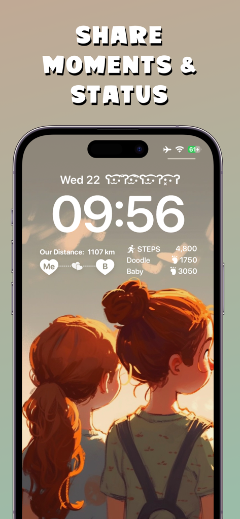 WidgyPal - Live Notes Widgets - WidgyPal app interface showing shared status and step tracking widgets on an iPhone lock screen