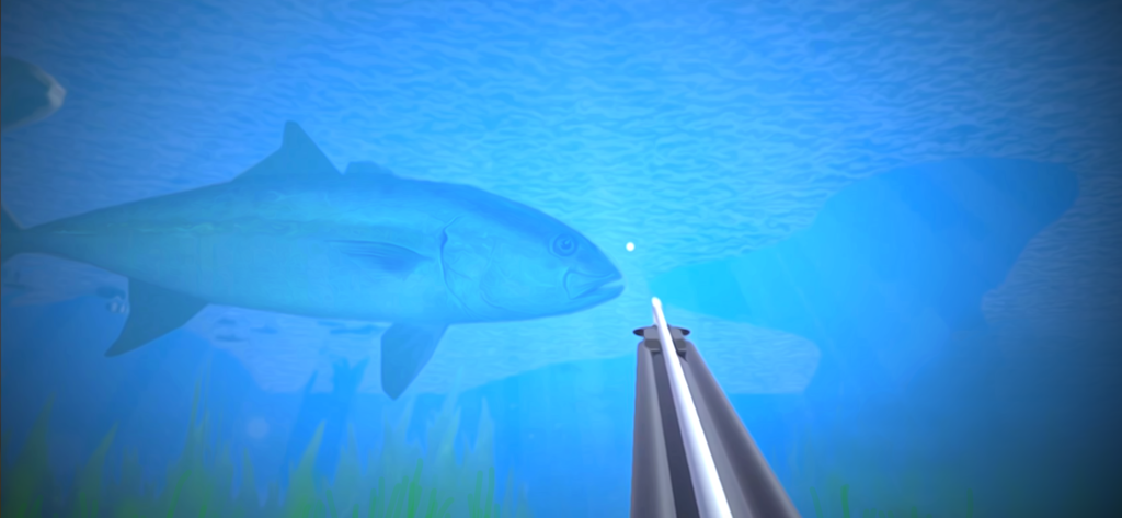 Spearfishing Simulator - A first person perspective of aiming a speargun at a large fish underwater