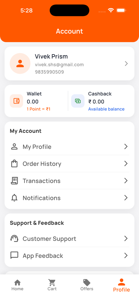 Schermata dell'account dell'app mobile RailRestro che mostra i dettagli del profilo utente, il saldo del portafoglio e il menu della cronologia ordini