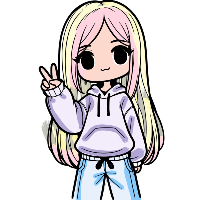 girl with straight down hair wearing a sweater and sweatpants doing the peace sign
