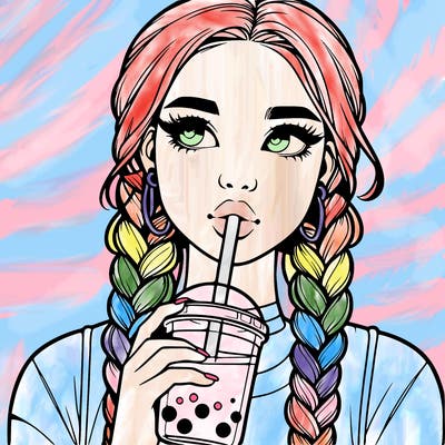 realistic girl with braided hair drinking boba