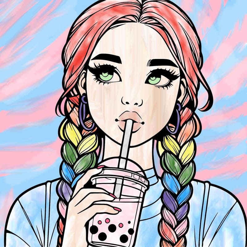realistic girl with braided hair drinking boba