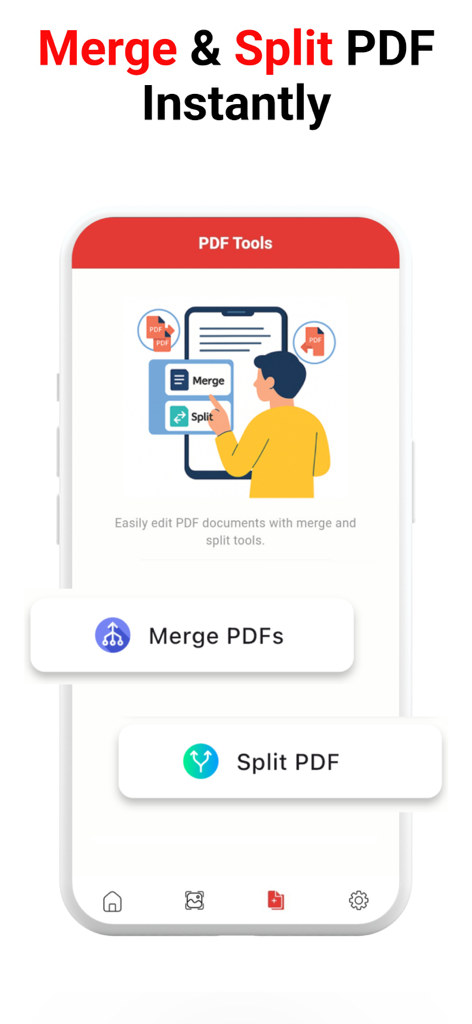 PDF Reader, Editor & Scanner + - Mobile app interface displaying options to merge and split PDF documents instantly