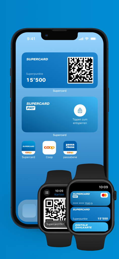 Interface da aplicação Supercard no iPhone e Apple Watch mostrando pontos de fidelidade e opções de pagamento digital
