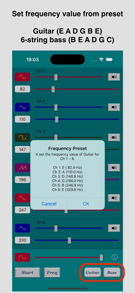 Multiple Tone Generator - Frequency preset menu for guitar and bass tuning in the Multiple Tone Generator app