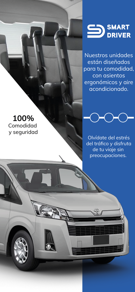 Smart Driver - Smart Driver app showing a silver shuttle van and interior passenger seats