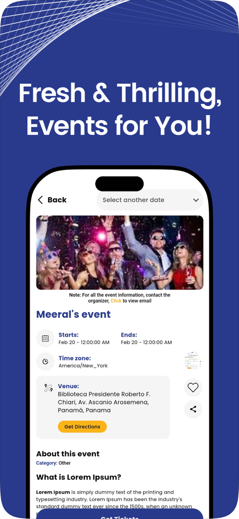 Frontline Ticketing app screen showing event information including date venue location and directions