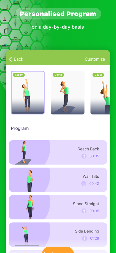 Seniors Yoga @ Graceful Aging - Personalized daily yoga routine interface for seniors featuring standing exercises