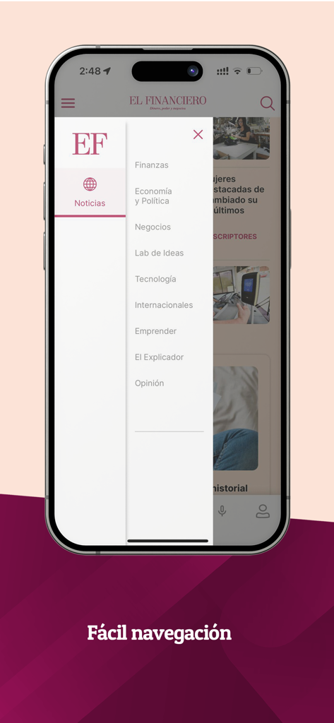 El Financiero Costa Rica mobile app side navigation menu showing news categories