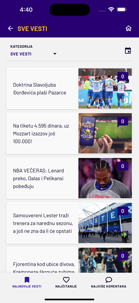 Nachrichten-Feed-Oberfläche der Mozzart Sport Portal App mit Sporthochschlagzeilen und Wettinformationen