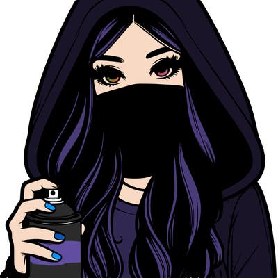 girl wearing a mask with long hair with her hood up spray-painting realistic